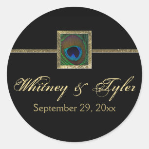Black and Gold Peacock Feather Wedding Sticker