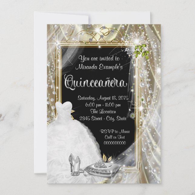 Black and Gold Pearl Quinceañera Invitation (Front)