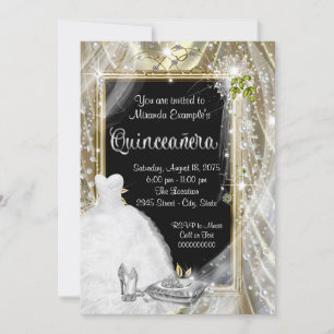 Black and Gold Pearl Quinceañera Invitation