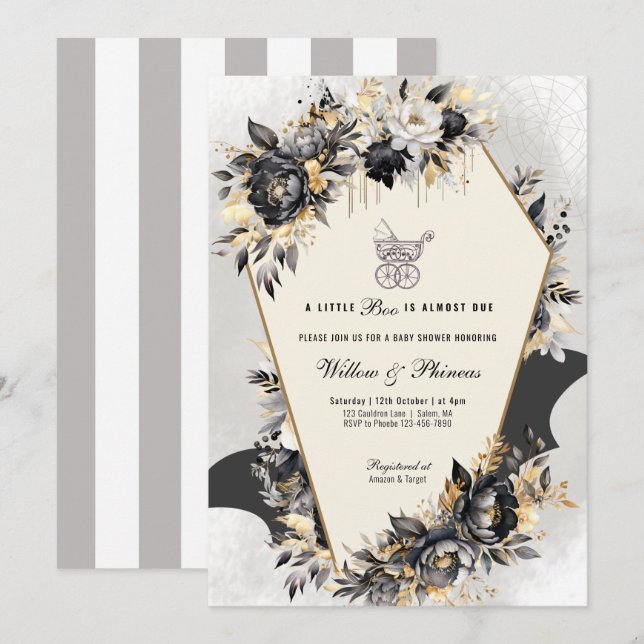 Black and Gold Peonies Halloween Baby Shower Invitation (Front/Back)