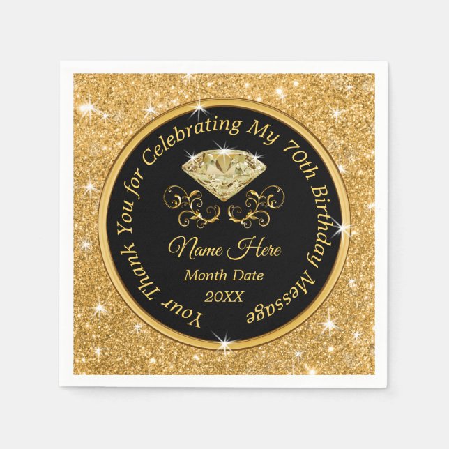Black and Gold Personalized 70th Birthday Napkins (Front)