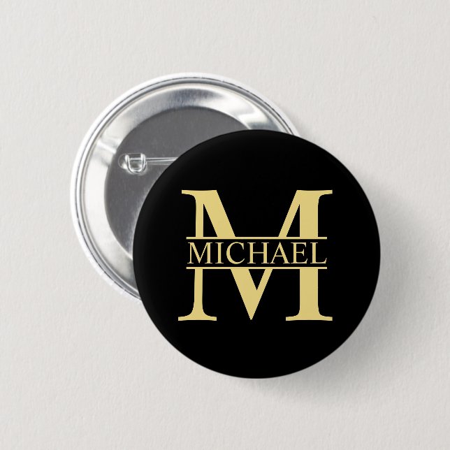 Black and Gold Personalized Monogram and Name 2 Inch Round Button (Front & Back)