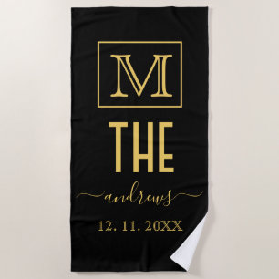Black and Gold Personalized Monogram and Name Beach Towel