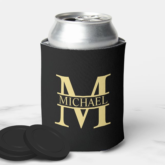 Black and Gold Personalized Monogram and Name Can Cooler (Creator Uploaded)