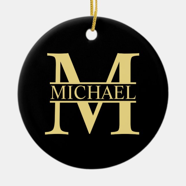 Black and Gold Personalized Monogram and Name Ceramic Ornament (Front)