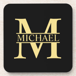 Black and Gold Personalized Monogram and Name Coaster
