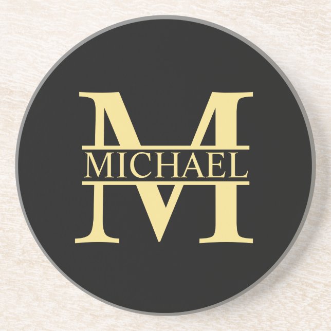 Black and Gold Personalized Monogram and Name Coaster (Front)