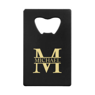 Black and Gold Personalized Monogram and Name Credit Card Bottle Opener