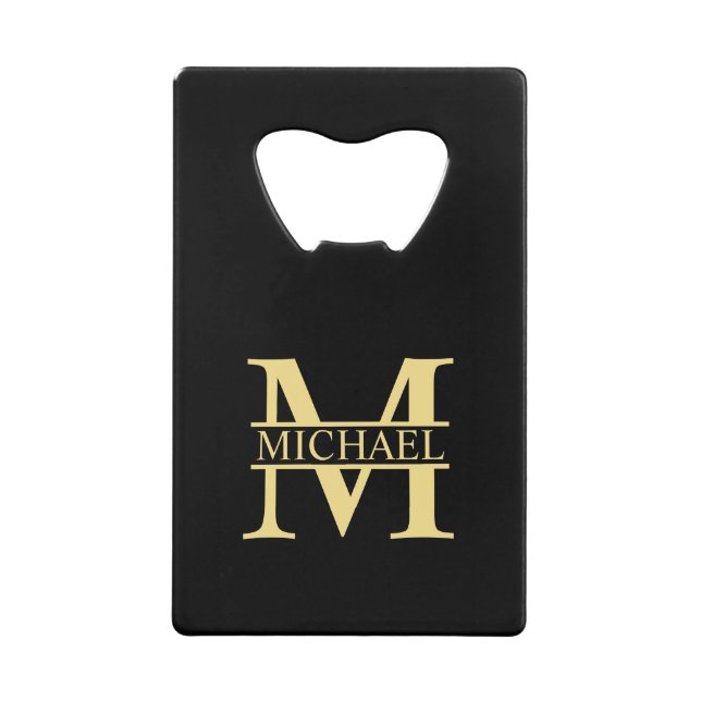 Black and Gold Personalized Monogram and Name Credit Card Bottle Opener (Front)