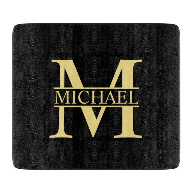 Black and Gold Personalized Monogram and Name Cutting Board (Front)
