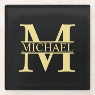 Black and Gold Personalized Monogram and Name Glass Coaster