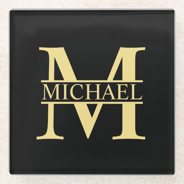 Black and Gold Personalized Monogram and Name Glass Coaster (Front)