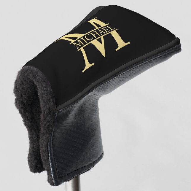 Black and Gold Personalized Monogram and Name Golf Head Cover (3/4 Front)