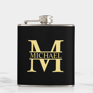 Black and Gold Personalized Monogram and Name Hip Flask