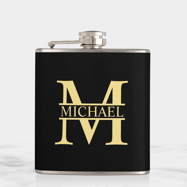 Black and Gold Personalized Monogram and Name Hip Flask (Creator Uploaded)
