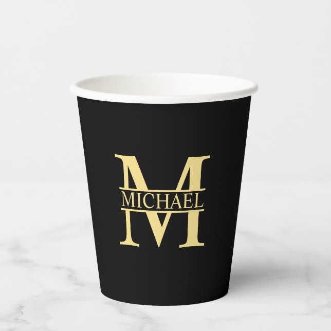 Black and Gold Personalized Monogram and Name Paper Cups (Front)
