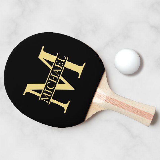 Black and Gold Personalized Monogram and Name Ping Pong Paddle (Creator Uploaded)