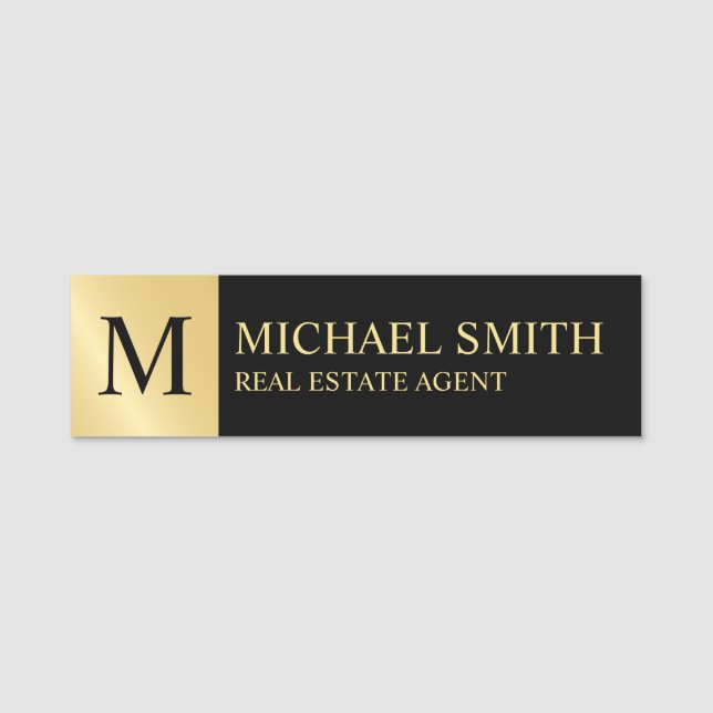 Black and Gold Personalized Monogram and Name Tag (Front)