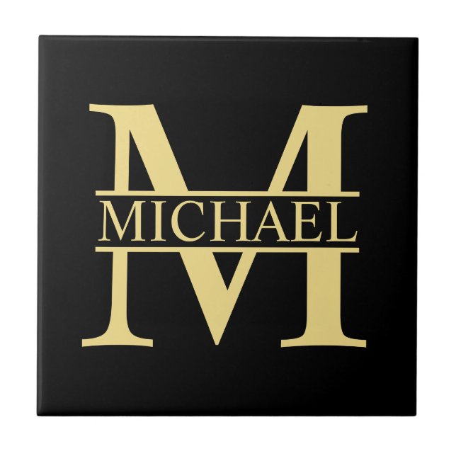 Black and Gold Personalized Monogram and Name Tile (Front)