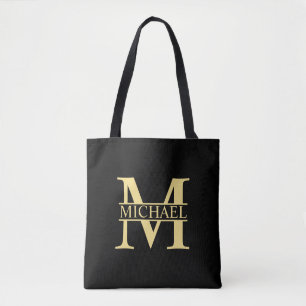 Black and Gold Personalized Monogram and Name Tote Bag