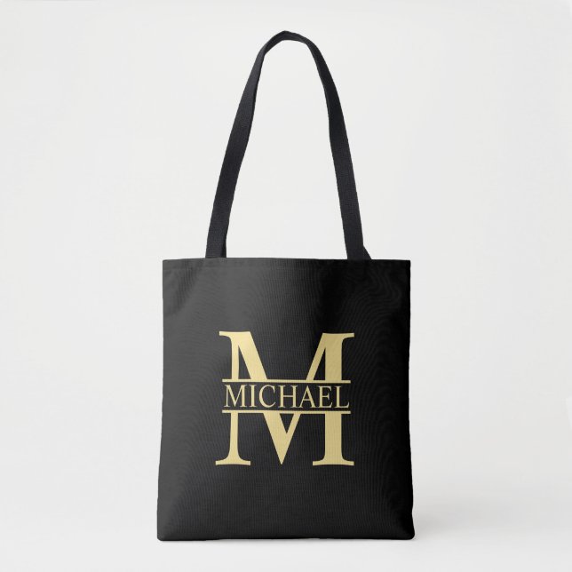 Black and Gold Personalized Monogram and Name Tote Bag (Front)