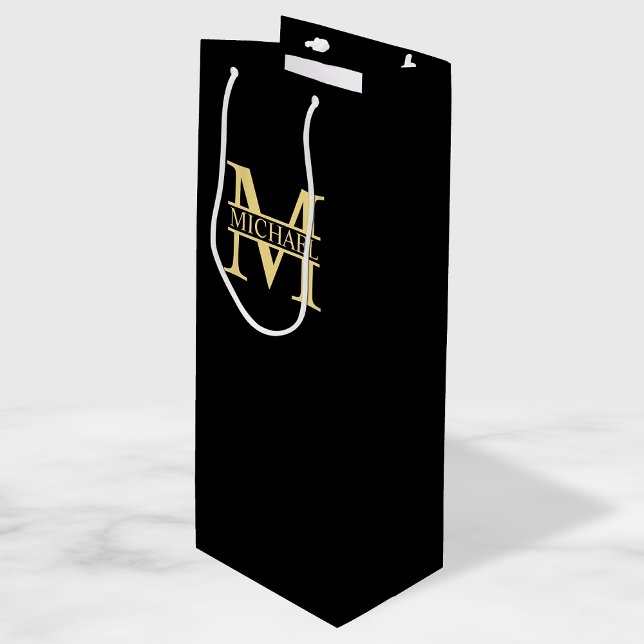 Black and Gold Personalized Monogram and Name Wine Gift Bag (Creator Uploaded)