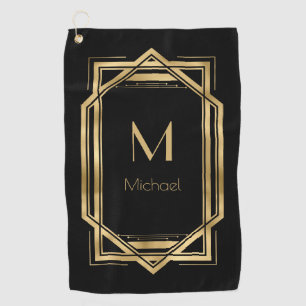 Black and Gold Personalized Monogram   Geometric Golf Towel
