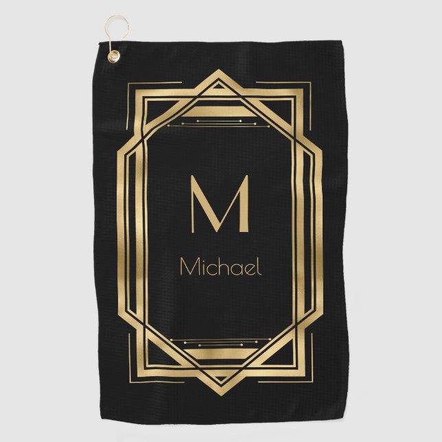 Black and Gold Personalized Monogram | Geometric Golf Towel (Front)