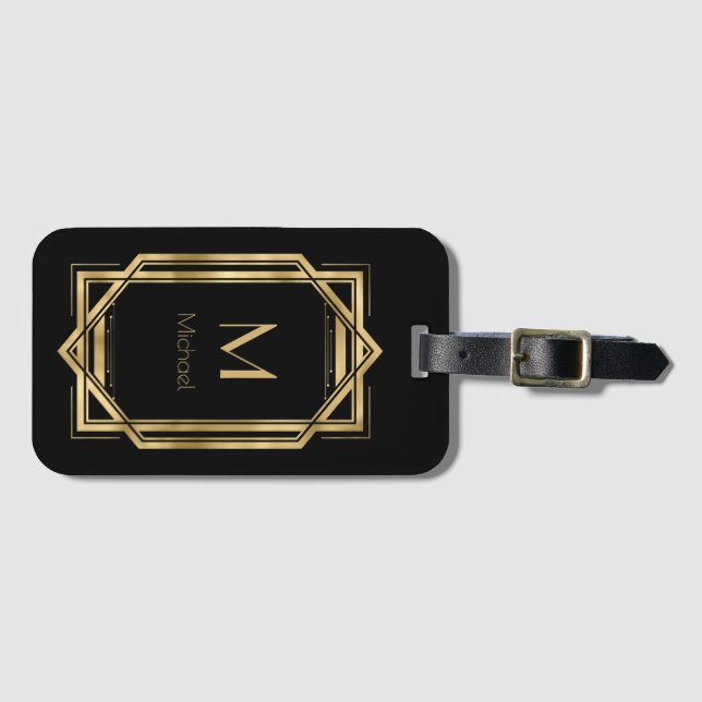 Black and Gold Personalized Monogram | Geometric Luggage Tag (Front Horizontal)