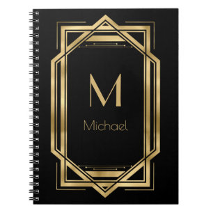 Black and Gold Personalized Monogram Geometric Notebook