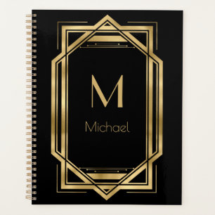 Black and Gold Personalized Monogram Geometric Planner