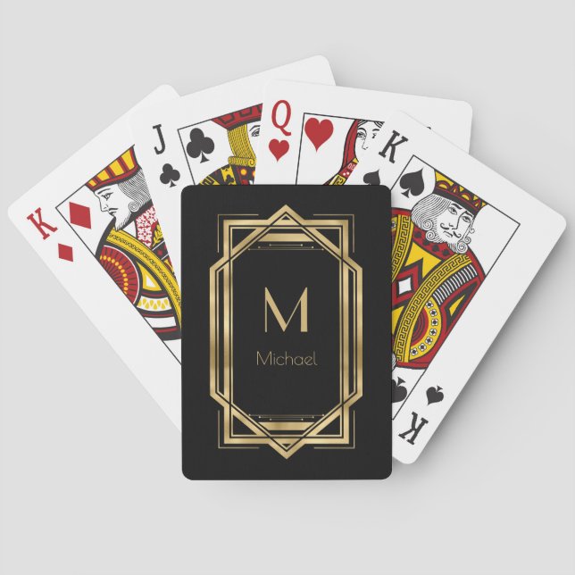 Black and Gold Personalized Monogram | Geometric Playing Cards (Back)