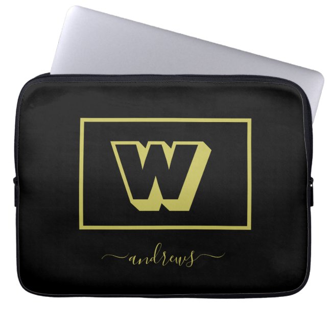 Black and Gold Personalized Monogram Name  Laptop Sleeve (Front)
