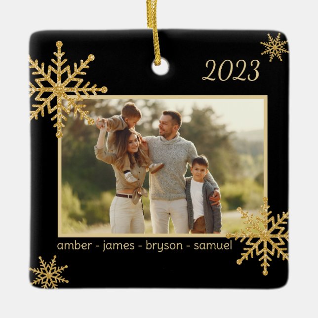 Black and Gold Personalized Ornament with Picture  (Front)