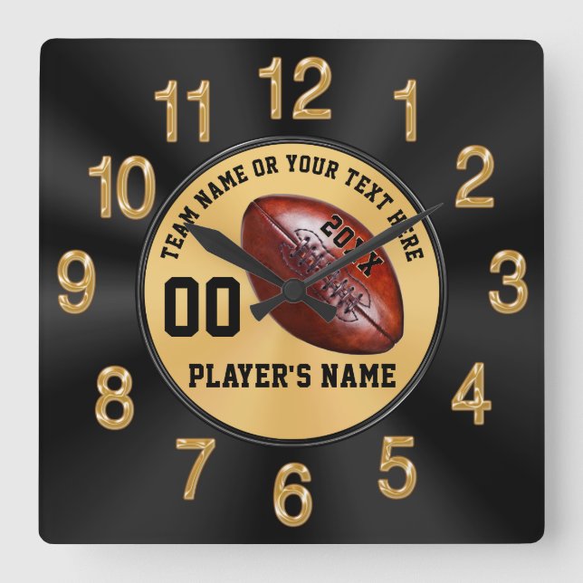 Black and Gold Personalized Senior Football Gifts Square Wall Clock (Front)