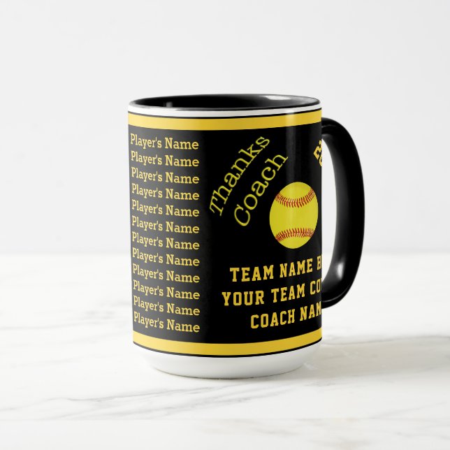 Black and Gold Personalized Softball Coach Gifts Mug (Front Right)