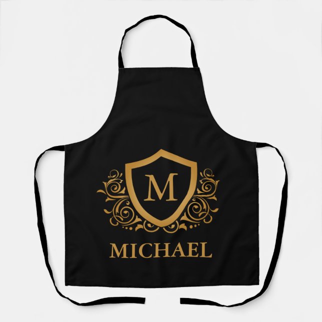 Black and Gold Personalized Stylish Monogram Name Apron (Front)