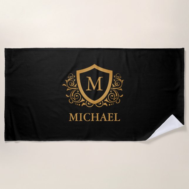 Black and Gold Personalized Stylish Monogram Name Beach Towel (Front)