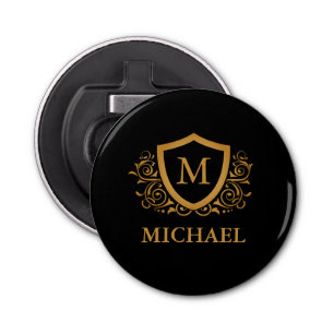 Black and Gold Personalized Stylish Monogram Name Bottle Opener