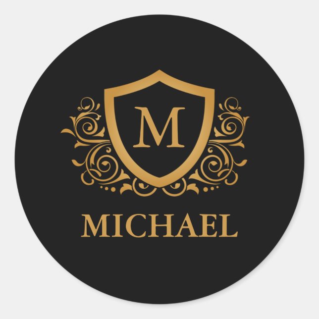 Black and Gold Personalized Stylish Monogram Name Classic Round Sticker (Front)