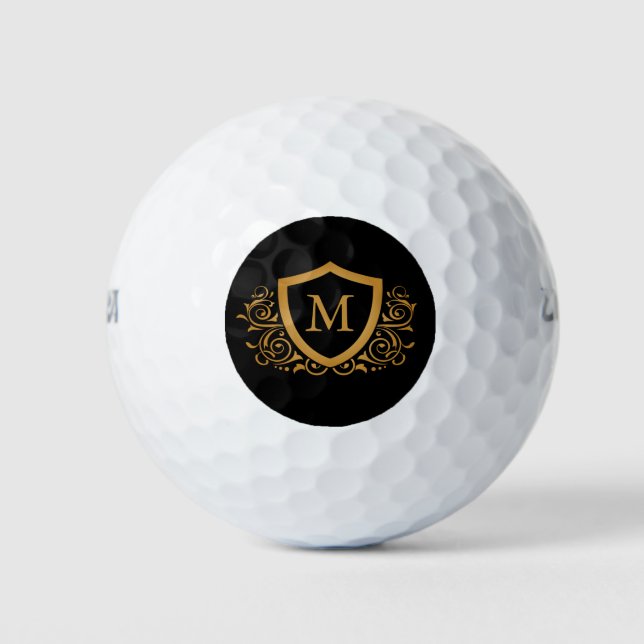 Black and Gold Personalized Stylish Monogram Name Golf Balls (Front)