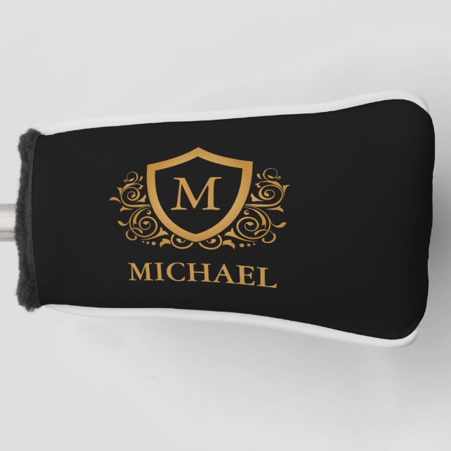 Black and Gold Personalized Stylish Monogram Name Golf Head Cover (Front)