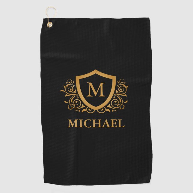 Black and Gold Personalized Stylish Monogram Name Golf Towel (Front)
