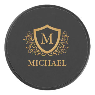 Black and Gold Personalized Stylish Monogram Name Hockey Puck