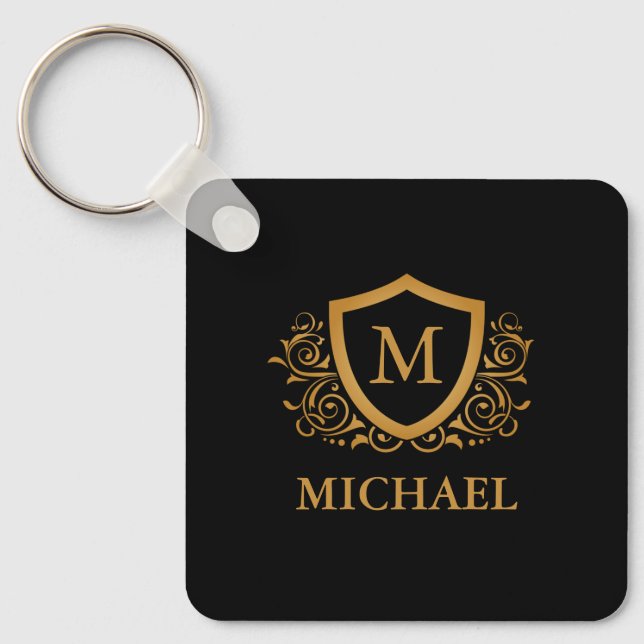 Black and Gold Personalized Stylish Monogram Name Keychain (Front)