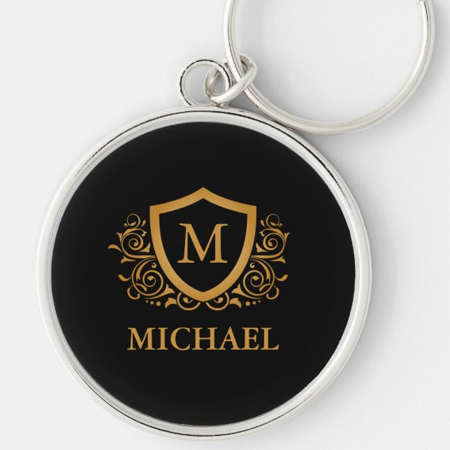 Black and Gold Personalized Stylish Monogram Name Keychain (Front)
