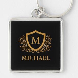 Black and Gold Personalized Stylish Monogram Name Keychain