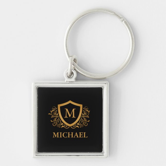 Black and Gold Personalized Stylish Monogram Name Keychain (Front)