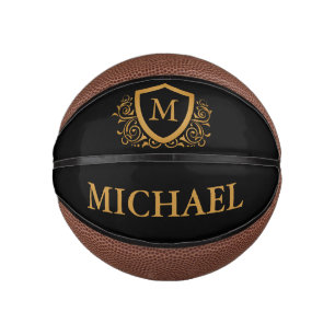 Black and Gold Personalized Stylish Monogram Name Mini Basketball