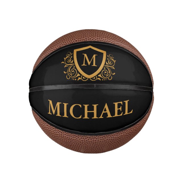 Black and Gold Personalized Stylish Monogram Name Mini Basketball (Front)